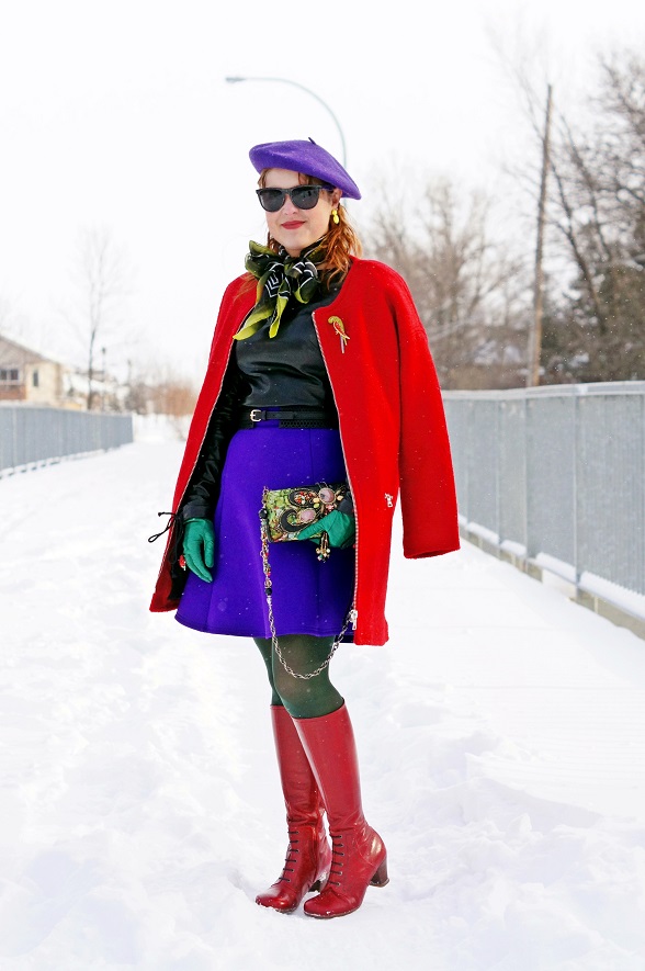 Winnipeg Fashion Blog, Canadian Fashion Blog, Winter 2013, Forever 21 boiled wool overized mod red coat, Mark Fast for Danier collabortion lamb leather lace up sleeve long sleeve top, River Island scuba purple a-line skirt, Greta Constantine 5 Gum collaboration silk printed scarf, Vintage wool purple beret, Natasha crystal parrot brooch pin, Mary Frances Force of Nature watercolor green beaded purse clutch bag, Vintage kelly green leather gloves, Adia Kibur neon yellow earrings, Hue tights hunter green, Fluevog red patent leather knee high Operetta Zinka boots